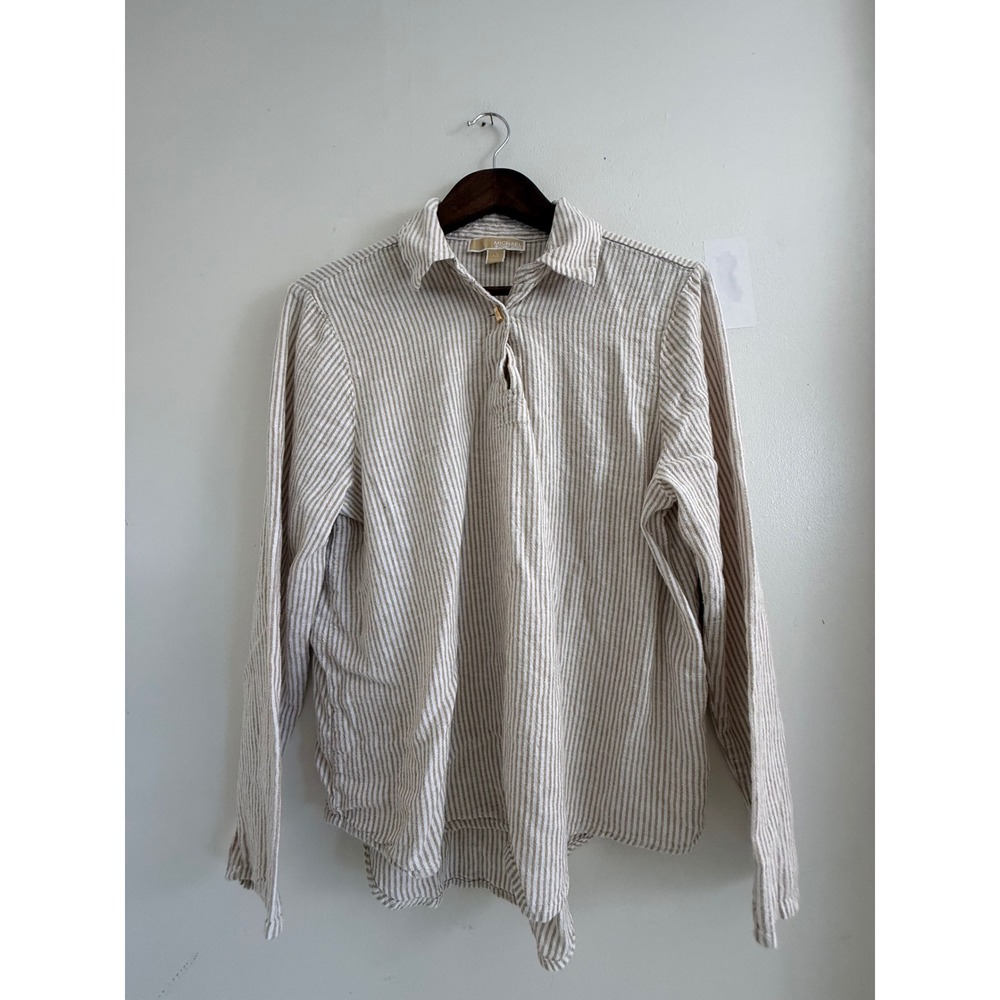 Michael Michael Kors Linen Blend Striped Tunic Top Tan White L QR640N0EU2